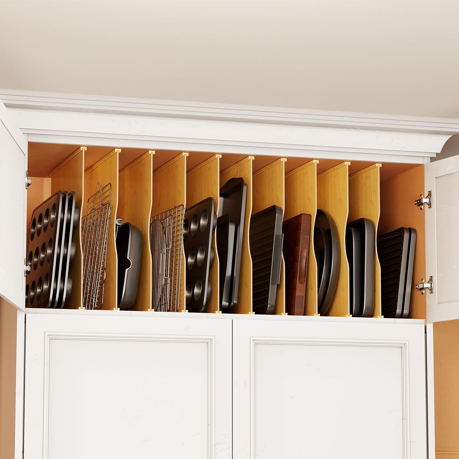 Kitchen Baking Sheet Organizer - 10 Pack Bamboo Tray Dividers for